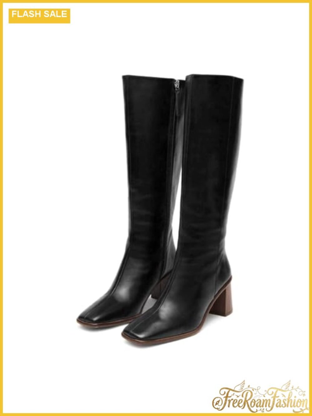 Knee High Boots Faux Leather Chunky Heel Side Zip Square Toe Women's